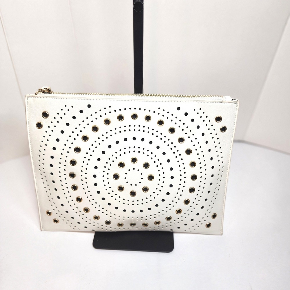 White Laser Cut Perforated Grommet Wristlet Clutch Bag with Gold Accents